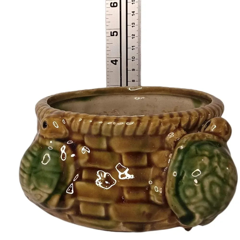 Vintage Ceramic Majolica Round Pottery Planter With Turtles Basket Weave Design